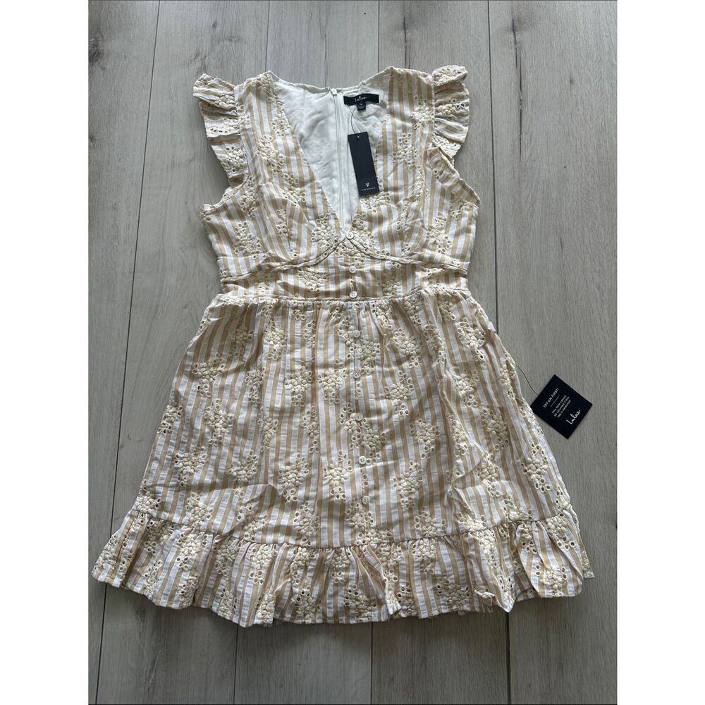 Lulus Sunny Crush Striped Embroidered Mini Dress Beige/Ivory M NWT IN PACKAGE - Picture 5 of 11